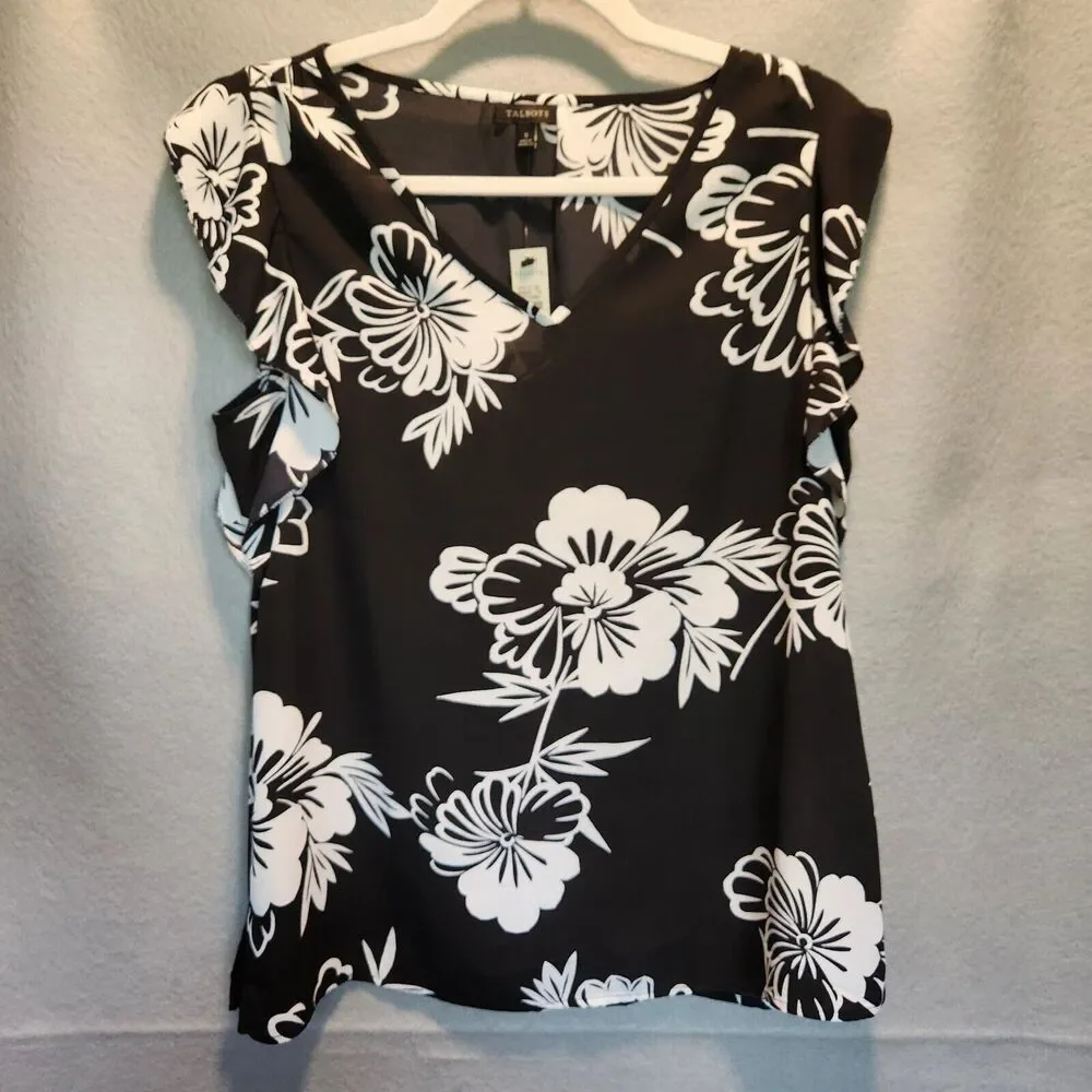 Leaving Closet Soon! Talbots Black Floral Short Sleeve Blouse C0073 - Picture 1 of 6